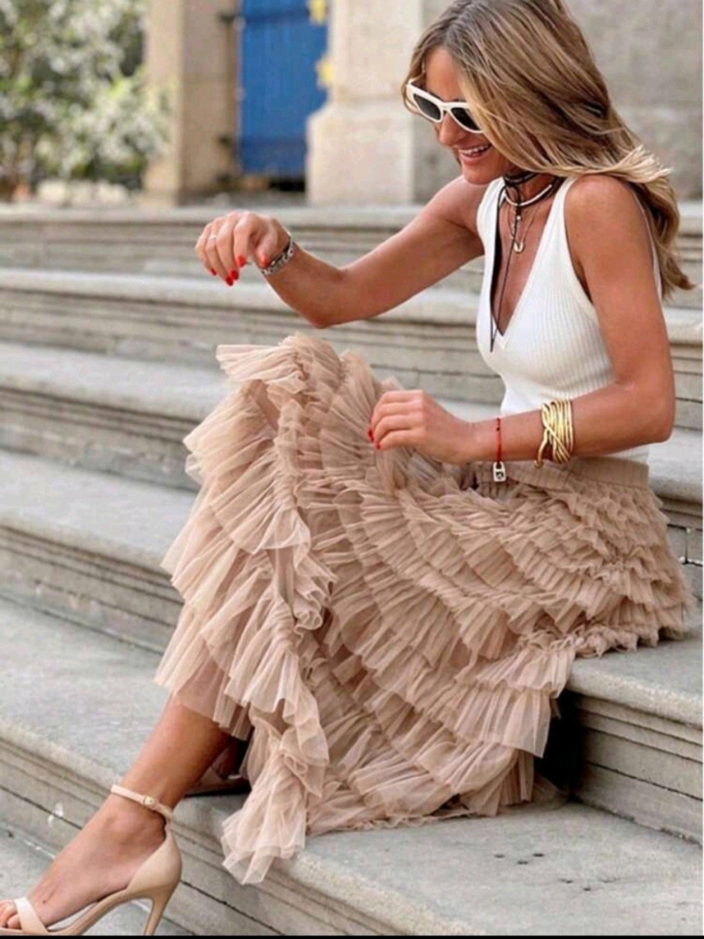 SHEIN Beige Tiered Ruffle Maxi Skirt